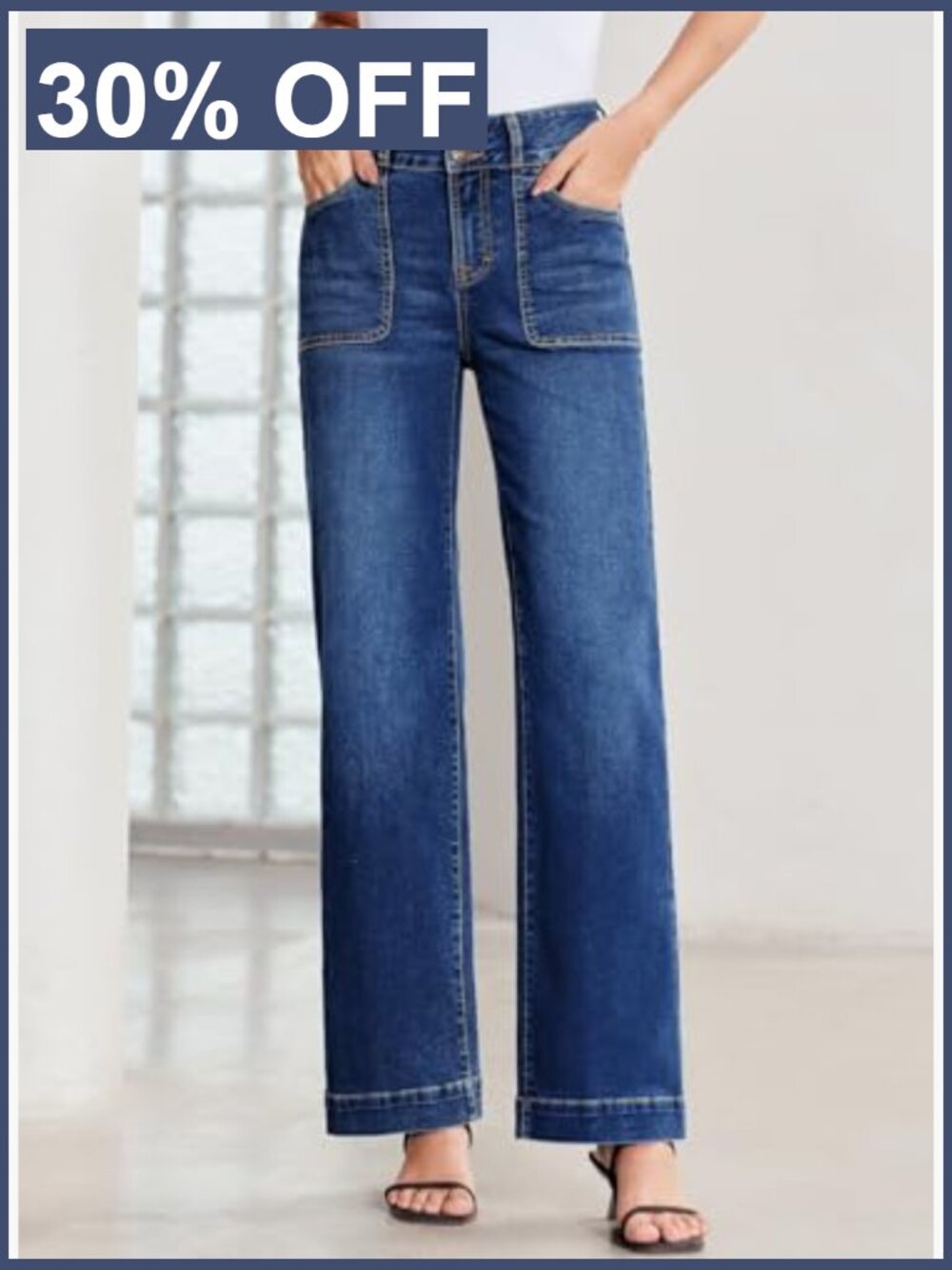 High Waisted Wide Leg Jeans Stretchy Tummy Control Straight Leg Denim Pants - Picture 4 of 7